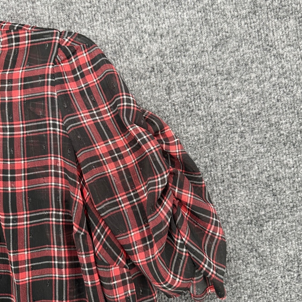 Torrid Blouse Top Womens M Black Red Plaid Mesh Sheer Whimsigoth Holiday Goth - Picture 3 of 8